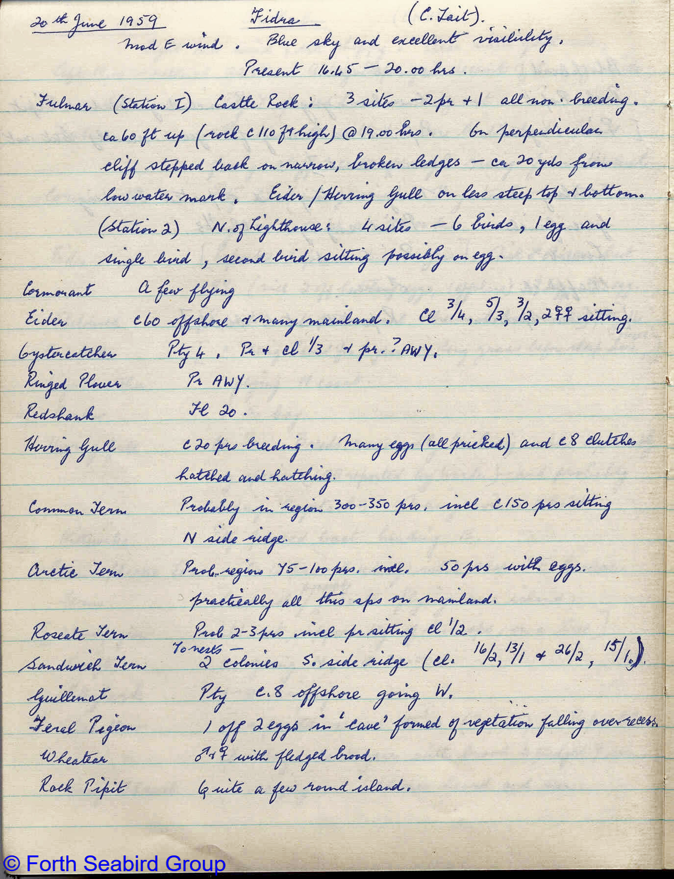 Scan of Bob Smith's notebook for 1959 Fidra count